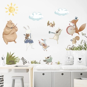Watercolour Cartoon Animal Band Wall Stickers PVC DIY Music Forest Bear Fox Rabbit Decals For Kids Nursery Bedroom Home Decor