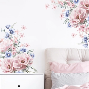 Pink and blue watercolor floral wall stickers for cozy bedroom and living room decor