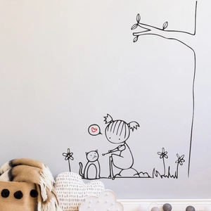 Adesivo murale minimalista con ragazza, gatto e albero per decorare la cameretta dei bambini
