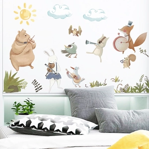 Nordic watercolor cartoon animal band wall stickers for kids bedroom decor