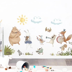 Watercolor animal orchestra wall stickers with bear, fox and rabbit for kids room