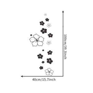 Detailed size chart for black and white minimalist flower wall stickers with dimensions