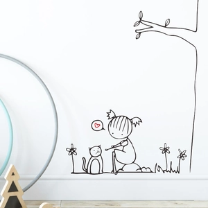 Adesivo da Parete in PVC Minimalista Disegnato a Mano Ragazza e Gatto Sotto l'Albero per la Cameretta dei Bambini Decorazione Casa