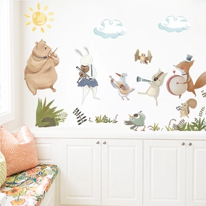 Nordic watercolor wall decals featuring cartoon animal band with musical instruments