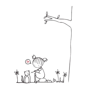 Adesivo murale minimalista con una ragazza sotto un albero che accarezza un gatto e un cuore