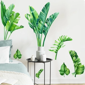 Nordic tropical green leaf wall stickers with banana and heart-shaped leaves for bedroom decor