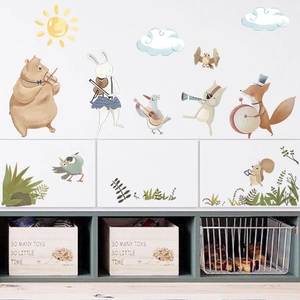 Nordic watercolor animal band wall decals for nursery room featuring a forest music theme