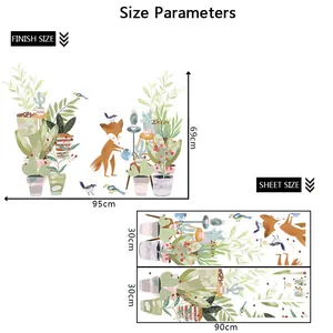 Paramètres de taille détaillés pour stickers muraux renard et plantes avec dimensions