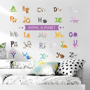 Adesivi Murali Alfabeto Animali PVC Educativi ABC Decalcomanie per Cameretta Bambini Cartone Animato Animali Decorazione