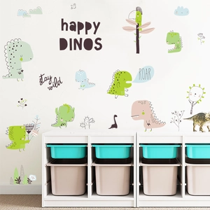 Stickers muraux dinosaures colorés avec cactus et texte Happy Dinos pour chambre d'enfant