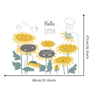 Cartoon sunflower wall sticker for kids bedroom with size 80x67cm and Hello Summer text