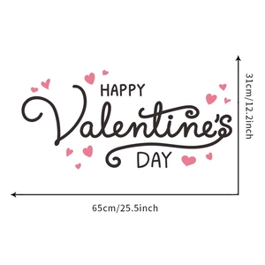 Detail view of Happy Valentine's Day wall sticker with dimensions 65x31cm and pink hearts