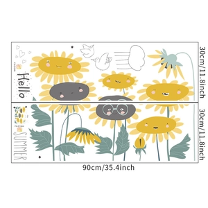 Detailed sheet of cartoon sunflower wall stickers with size markings for home decor