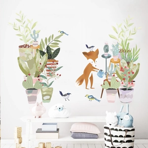 Sticker Mural Renard Dessin Animé Arrosant Plantes en Pot PVC DIY Amovible Animal Oiseau Cactus Décalcomanie Chambre Enfant