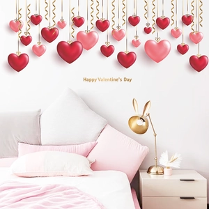 Stickers Muraux Cœur de Saint Valentin Effet 3D Rouge Rose Or Cœurs Amovibles en PVC pour Décoration de Chambre