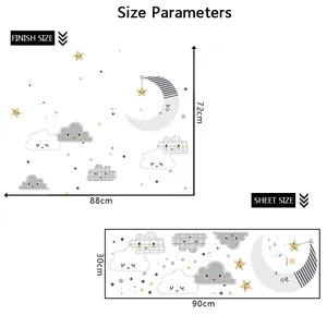 Size chart detail of cartoon cloud and moon wall stickers with 90x30cm sheet dimensions