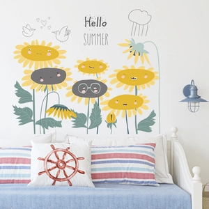 Cartoon sunflower wall stickers with Hello Summer text for kids bedroom decor