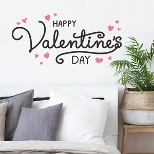 Modern Happy Valentine's Day wall decal with black script text and pink hearts for bedroom