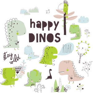 Stickers muraux dinosaures dessinés à la main pour chambre d'enfant aux tons Morandi