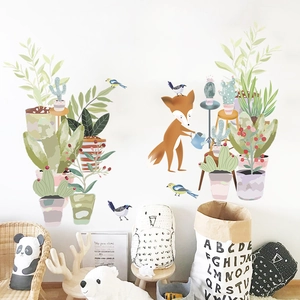 Détail de l'autocollant mural renard et plantes succulentes pour décor de salon