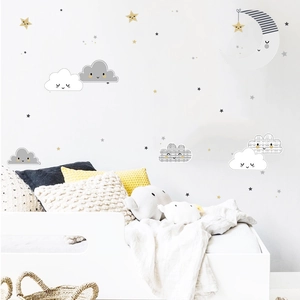 Cartoon moon stars and clouds wall decals in grey white and yellow for nursery decor