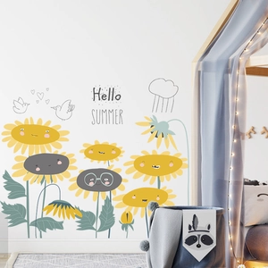 Cartoon sunflower wall stickers for nursery with Hello Summer text and birds