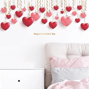 Stickers muraux 3D cœurs roses avec texte Happy Valentine's Day sur mur blanc
