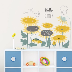 Detailed view of self-adhesive cartoon sunflower wall stickers in a cozy nursery room