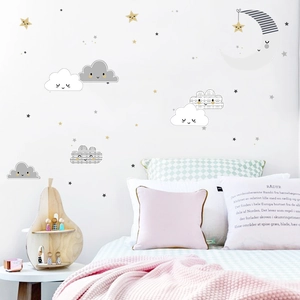 Nordic cartoon moon and stars wall stickers for kids bedroom decor in grey and white