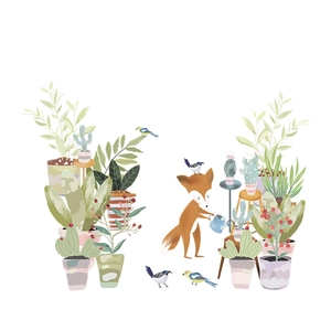 Sticker mural renard arrosant des plantes décoratives pour salon et chambre