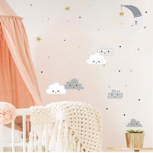 Cartoon Moon Cloud Star Wall Stickers For Nursery Decor Self Adhesive PVC Decal For Kids Bedroom Home Decoration