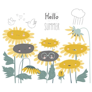 Cartoon sunflower wall stickers with smiling faces and Hello Summer text for kids room decor