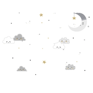 Cartoon moon and clouds wall stickers in minimalist grey and white for kids bedroom