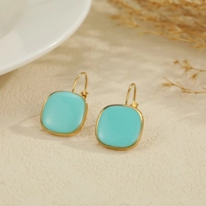Vintage Gold Türkis quadratische Hängeohrringe für Damen im minimalistischen französischen Stil
