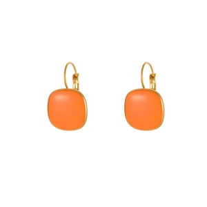 Retro quadratische orangefarbene Emaille-Ohrstecker mit Goldbeschichtung auf weißem Grund