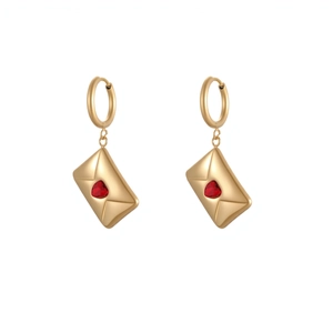 Boucles d'oreilles enveloppe dorées avec zircon coeur rouge pour la Saint-Valentin