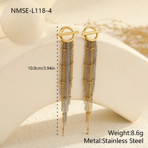 Détail montrant des boucles d'oreilles à pompons en acier bicolore d'une longueur de 10 cm