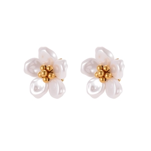 Élégantes boucles d'oreilles fleurs en acier avec pétales nacrés et centres dorés