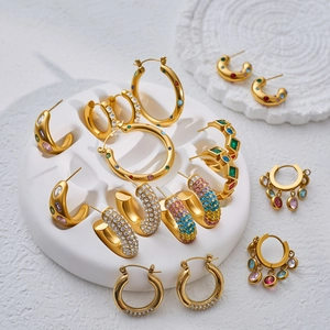 Pendientes de Aro en Forma de C de Acero Inoxidable Vintage para Mujer Chapados en Oro de 18K con Diamantes de Imitación Joyería de Moda Geométrica