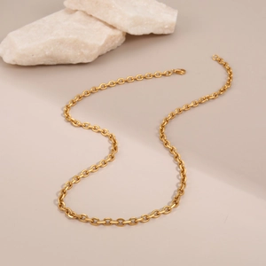 Minimalistische gouden roestvrijstalen rolo ketting getoond op een warme achtergrond
