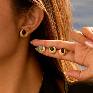 Pendientes de Botón de Acero Inoxidable Chapados en Oro de 18K Vintage para Mujer Estilo Francés Ovalados Piedra Natural