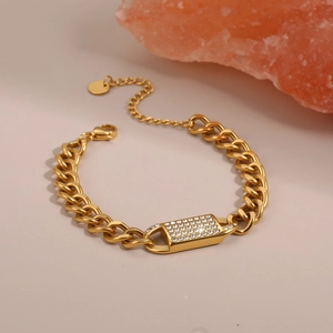 Hip-Hop Armband vergoldet mit rechteckigem Element und funkelndem Strassbesatz für Damen