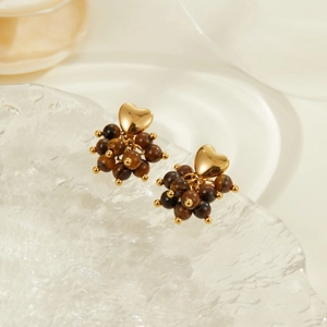 Elegant gold heart earrings with natural tiger eye stone cluster beads in vintage style