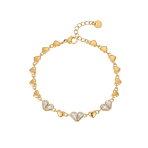 Elegant gold-plated stainless steel bracelet with heart charms and clear zircon stones