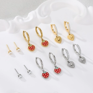 6-pair stainless steel earring set featuring red strawberry and heart charms with cubic zirconia