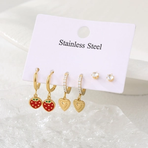Stainless steel earring set with red strawberry, zircon heart, and crystal studs