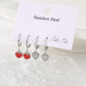 Stainless steel earring set with strawberry charms heart pendants and zircon studs