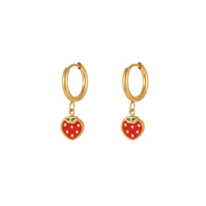 Chic gold stainless steel hoop earrings with sweet red strawberry charms and zircon accents