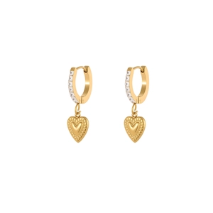 Elegant gold heart earrings with zircon inlay and hanging charms on white background