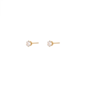 Detail of gold stainless steel earrings with classic six-prong round zircon setting